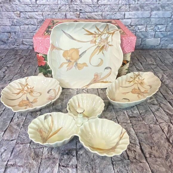 Vintage 80s Toyo Japan Porcelain Dish Set French Orchid Pattern 4 Piece - Picture 1 of 10